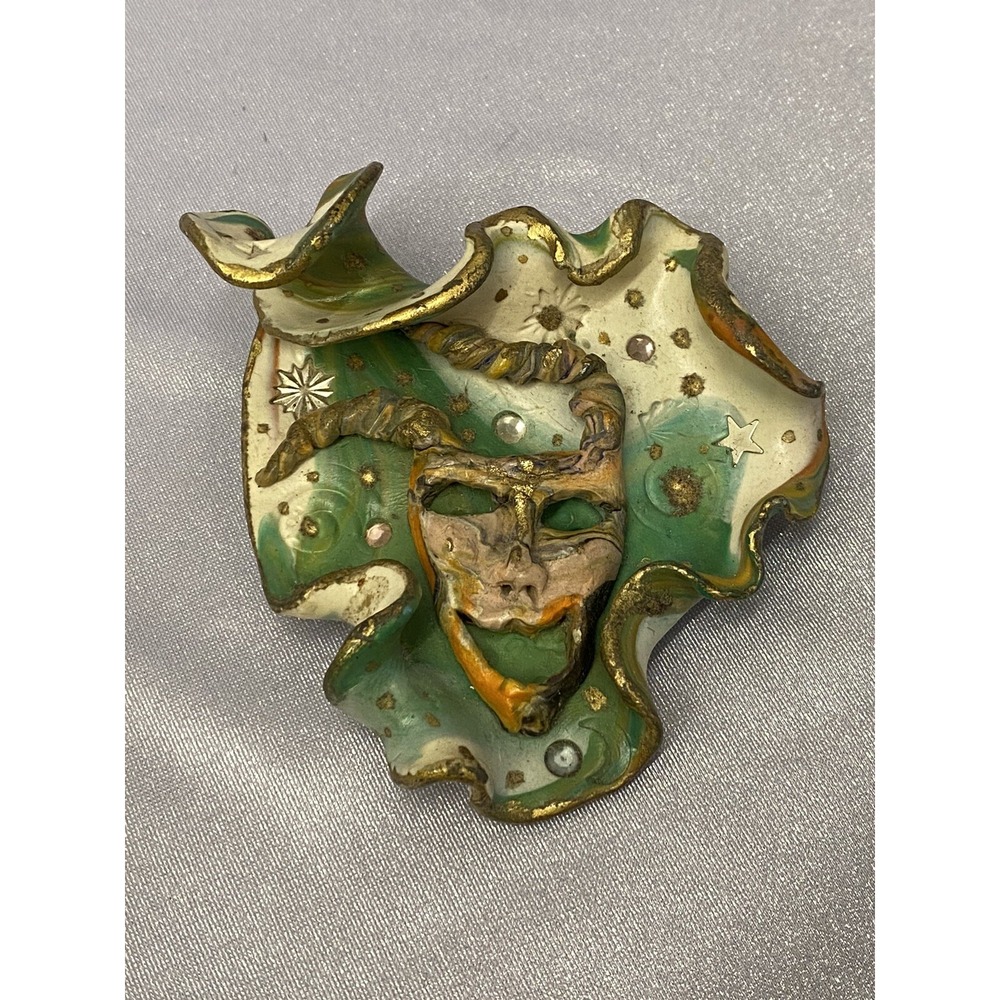 VNTG 1987 Artisan Brooch Hand Made & Sign By Artist Mask Statement Jewelry Joker
